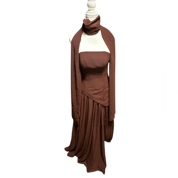 NWT, Elegant Chocolate Brown Strapless Dress With Scarf / Shoulder Cover - Picture 3 of 13